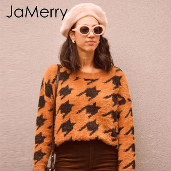 

JaMerry Soft houndstooth patchwork knitted mohair sweater women Winter casual sweaters female pullovers O-neck lady sweater 2019