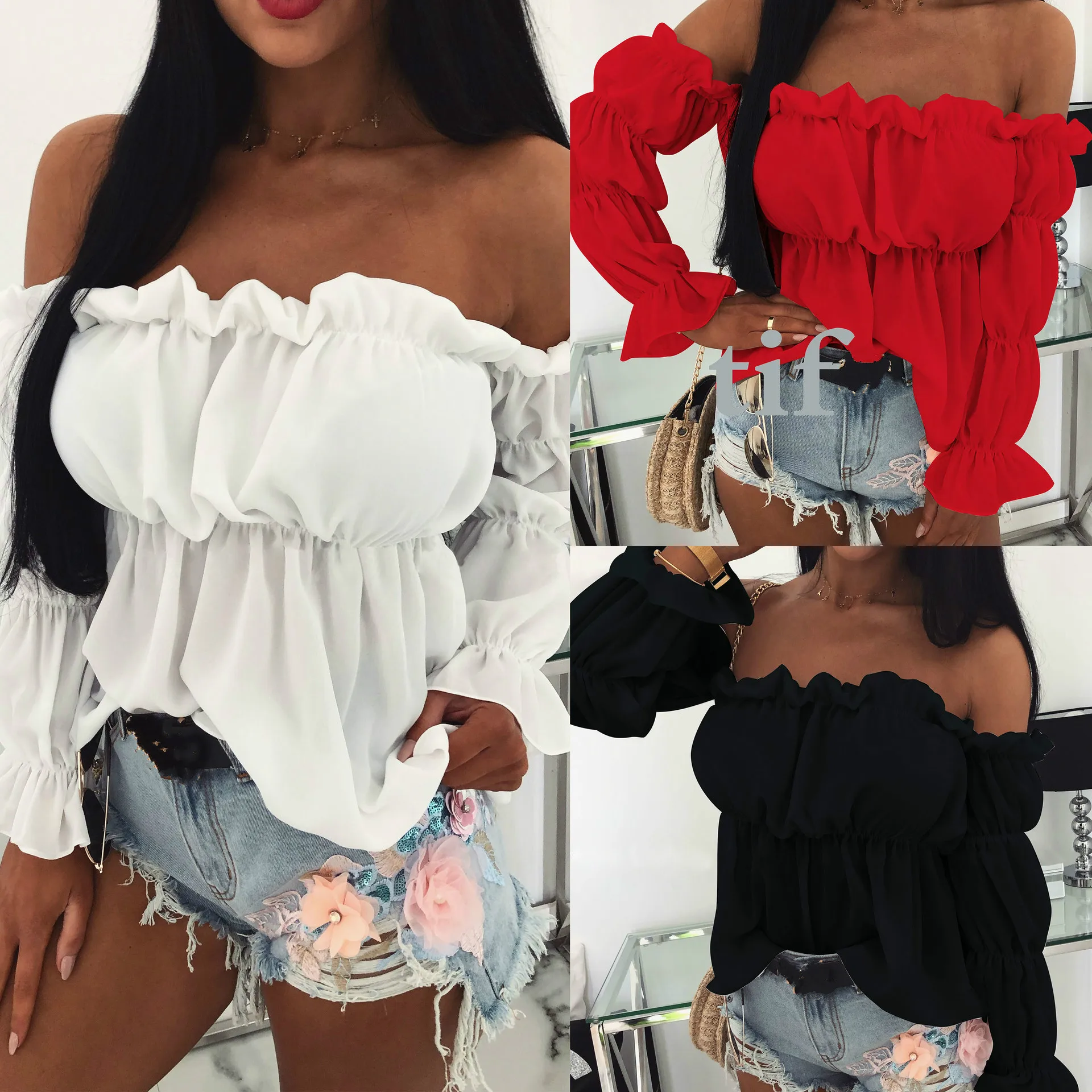 

2019 Sexy Womens Tops and Blouses Solid Color Off Shoulder Long Sleeve Ruffled Women Blouse Sexy Tops and Shirt