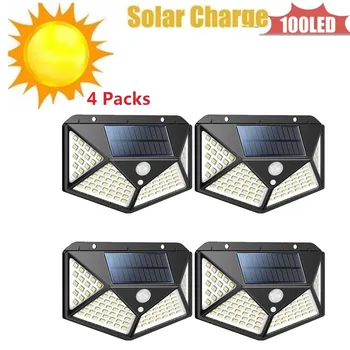 

100 LED Solar Lamp Human Body Induction Wall Light 3 Modes Dimmable Outdoor Garden Yard Path Lamp with Remote Control 4 sided 27