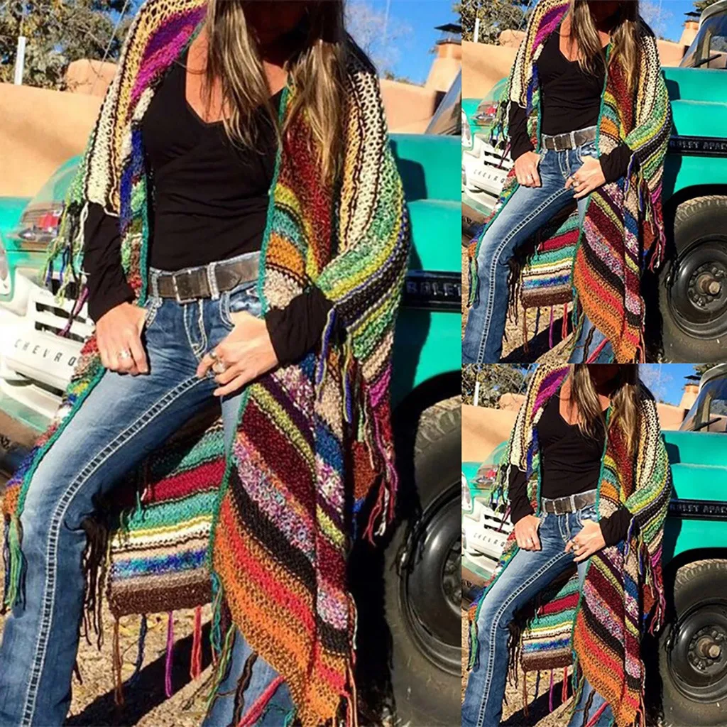 

Winter Women Multicolor Print Ethnic Wind Knit Cardard Bat Sleeve Tassel Coat Dropshipping free shipping Leisure fashion The New