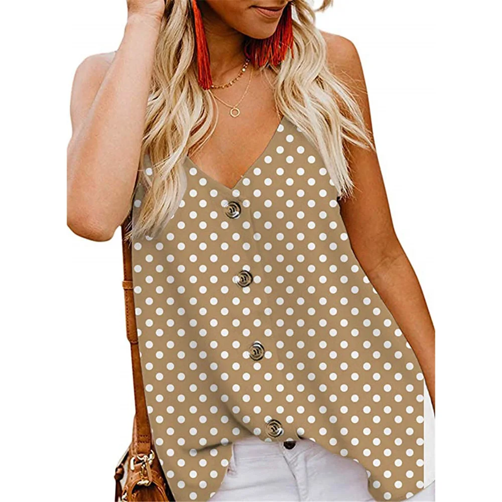 

Womens Tops Ladies Blouse Party Summer Polka Dot Tanks Fashion Beach Printed Shirt Cami Casual V Neck