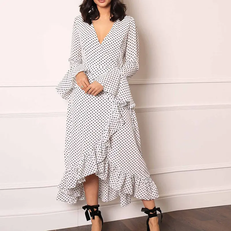 

party long dress women plus size Bohemian white pink black Dot V-Neck 2019 Autumn new winter vintage Chiffon dresses