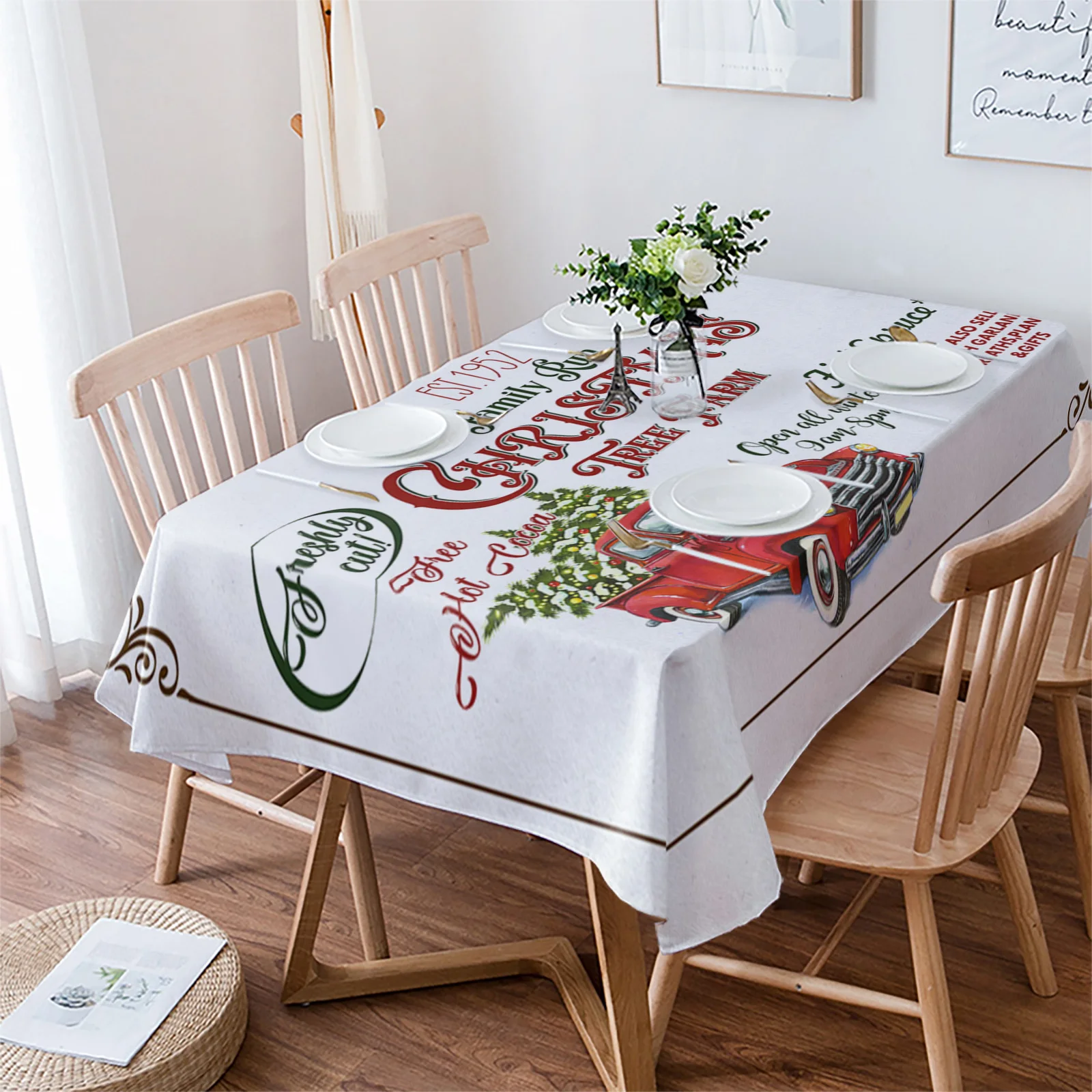 

Christmas Farm Truck Christmas Tree Wedding Table Cloth Waterproof Oilproof Dining Table Cover Kitchen Home Decor Tablecloth