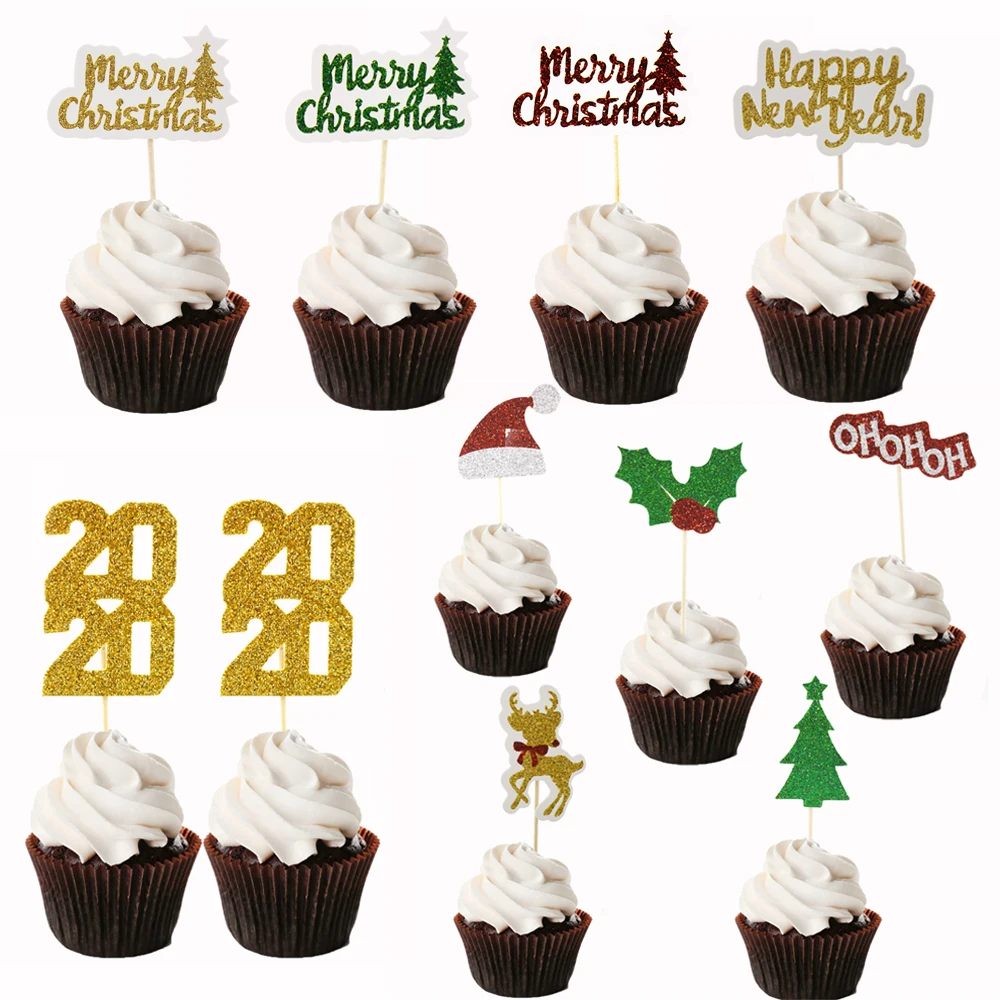 

2020 New Year Glitter Merry Christmas Cake Topper Cupcake Flags Cake Dessert Decoration Christmas Home Party Supply Kids Favor