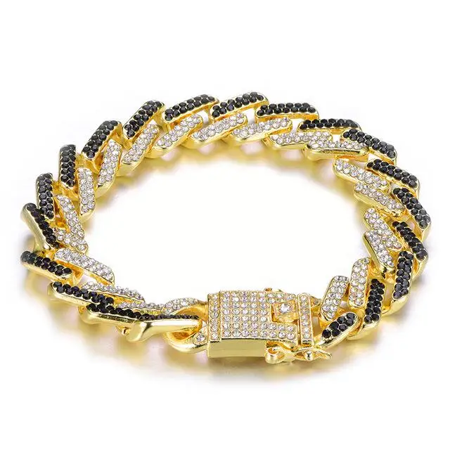 Hip Hop 13mm Bling Iced Out Full Crystal Bracelet Geometric Blue Aaa Cz Stone Cuban Chain Bracelets For Men Jewelry Dropshipping - Окраска металла: black gold