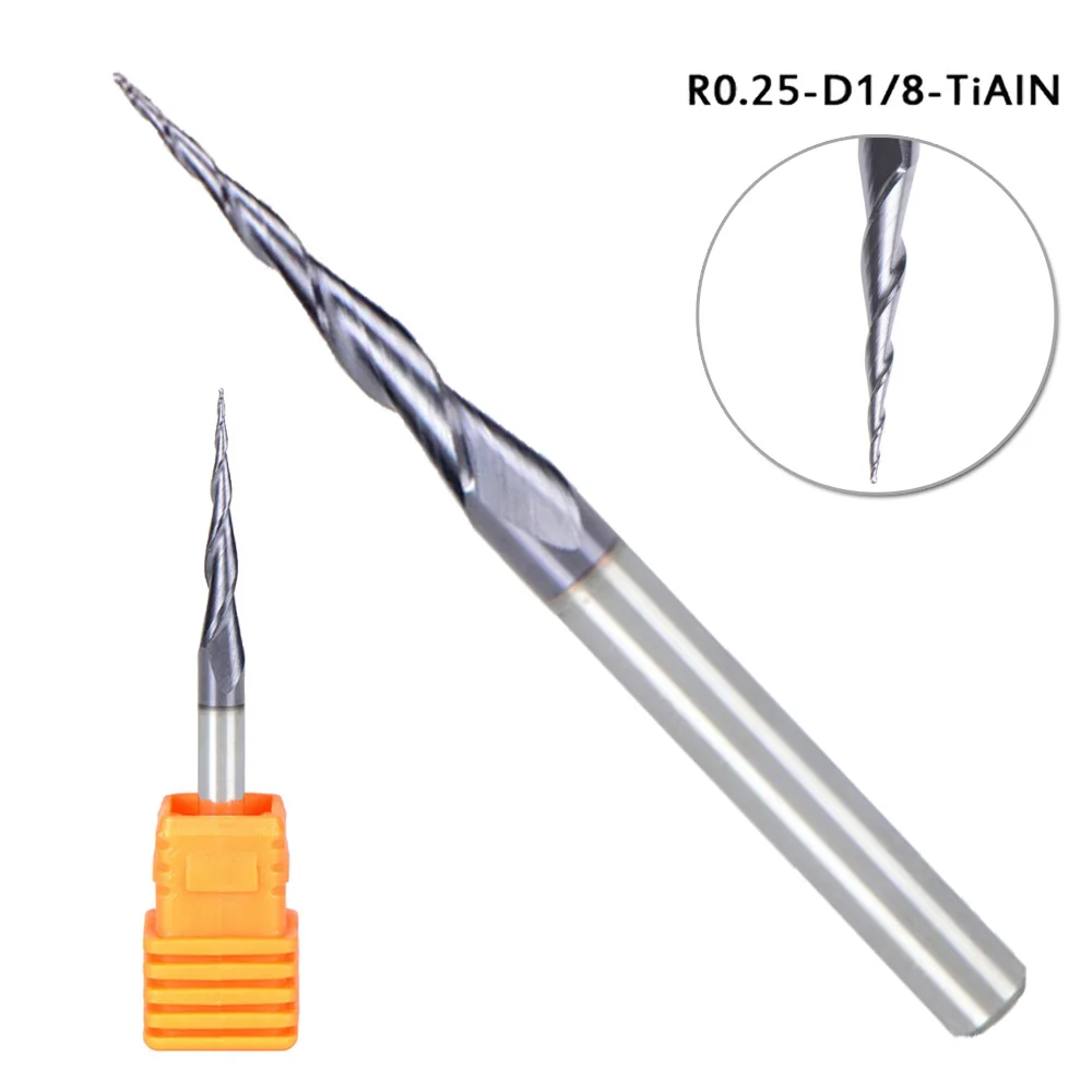 

1/8 Shank CNC Carbide Ball Nose Tapered End Mill Radius 0.25mm TiAIN Coated Flat End Mills Plastic Box For Acrylic Wood Mdf Pvc