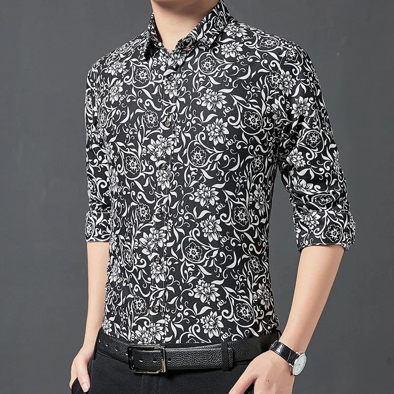 

2020 men's flowered shirt Long sleeve shirt 3D flower Handsome slim casual men's shirt M-5XL