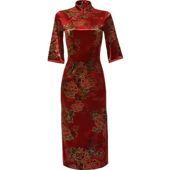 

Half Sleeve Evening Party Dress Oversize Lady Cheongsam Vintage 3XL 4XL Flower Qipao Slim Short Autumn New Vestidos