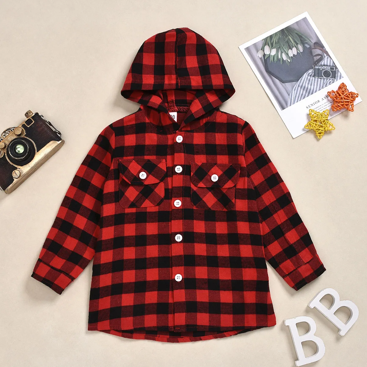 Красная рубашка в клетку для маленьких мальчиков и девочек осенний топ с капюшоном и длинными рукавами и карманами для малышей, милая верхняя одежда, пальто