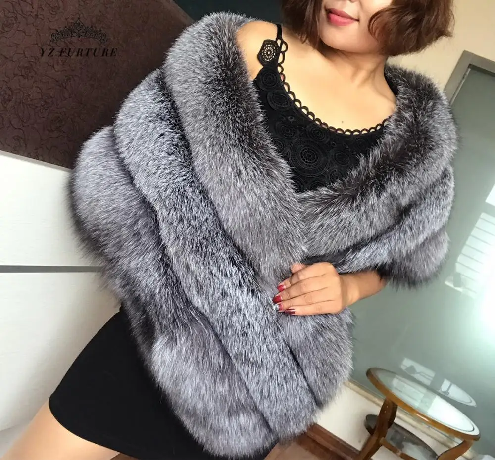 MS.Minshu Long Fox Fur Scarf Shawl Luxury Genuine Fur Boa Natural Whole Fox  Stole with Tails