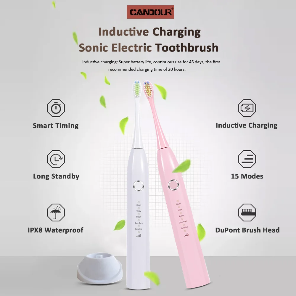 

CANDOUR 5166 Sonic Electric Toothbrush Waterproof 15 Modes IPX8 Replaceable Brush Head Rechargeable Toothbrush Long battery life