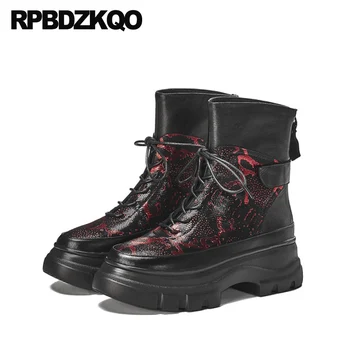 

2019 high heel sheepskin wedge flatform front lace up casual ankle boots autumn shoes platform women muffin elevator red ladies