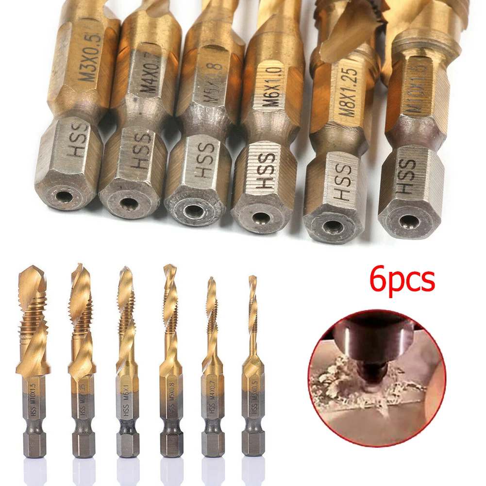 

6PC M3-M10 Metric Composite Tap Titanium Plated Shank Titanium Plated HSS Hand Screw Thread Metric Tap Drill Bits Compound Tap