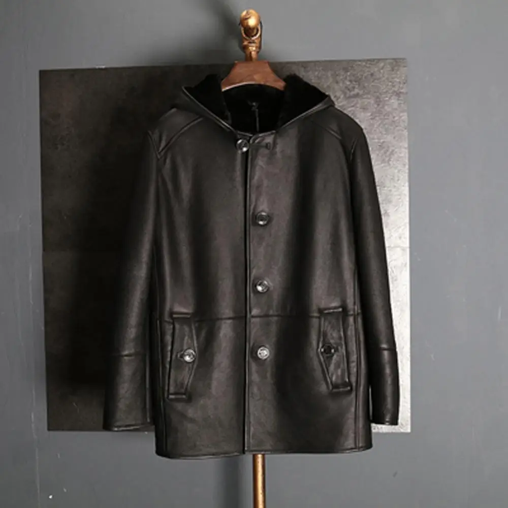 Мужская куртка из овчины 2019 черная длинная стильная Меховая с капюшоном B3