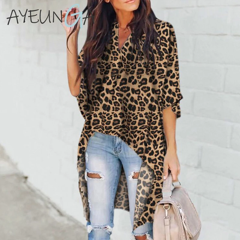 

Casual V-Neck Fashion Women Blouses Leopard Print Irregular Womens Tops And Blouses Half Sleeve Chiffon Vintage Ladies Tops