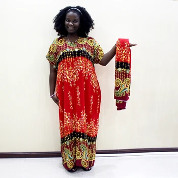 

100% Cotton 2019 Newest African Dresses For Women Dashiki Print O-Neck Short Sleeve Plus Size Dress With Scarf