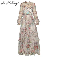 فستان شبكي ربيعي مصمم على الموضة من Seasixiang فستان شبكي نسائي بياقة على شكل فانوس بأكمام متتالية مكشكشة مطبوع عليه زهور فساتين للعطلات 1