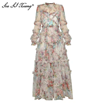 فستان شبكي ربيعي مصمم على الموضة من Seasixiang فستان شبكي نسائي بياقة على شكل فانوس بأكمام متتالية مكشكشة مطبوع عليه زهور فساتين للعطلات 1