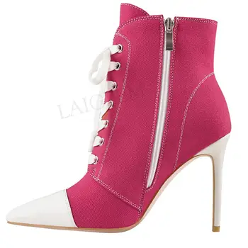 

LAIGZEM Denim Women Heels Boots Patchwork Pointed Toe Side Zip Stiletto Boots Zapatos Shoes Woman Botines Large Size 44 45 47