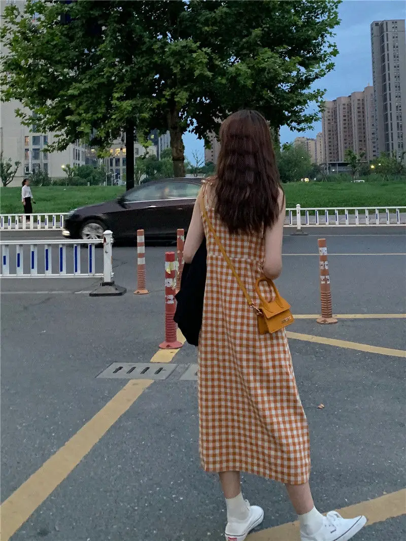 Sleeveless Dress Women Plaid Vintage Spaghetti Strap Streetwear Retro Elegant Long Dresses Korean Style All-match Cute Side Slit wedding guest dresses