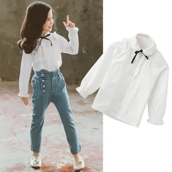 

INS HOT Girl blouses baby kids 4-13 years old cotton Korean Lace collar pearl buttons bow-knot long sleeve teenage girls shirt