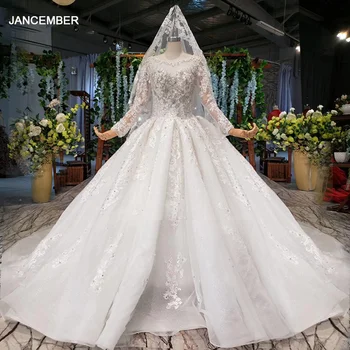 شراءHTL936 مثل فستان الزفاف الأبيض حجم كبير الأكمام الطويلة س الرقبة حبة فساتين الزفاف الأفريقية للنساء 2020 مع الحجاب Vestido Noiva