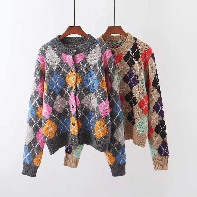 AQOIA Argyle, длинный рукав, женский кардиган, пуговка, Вязанный плед, толстый женский свитер, пальто,, модная зимняя женская одежда