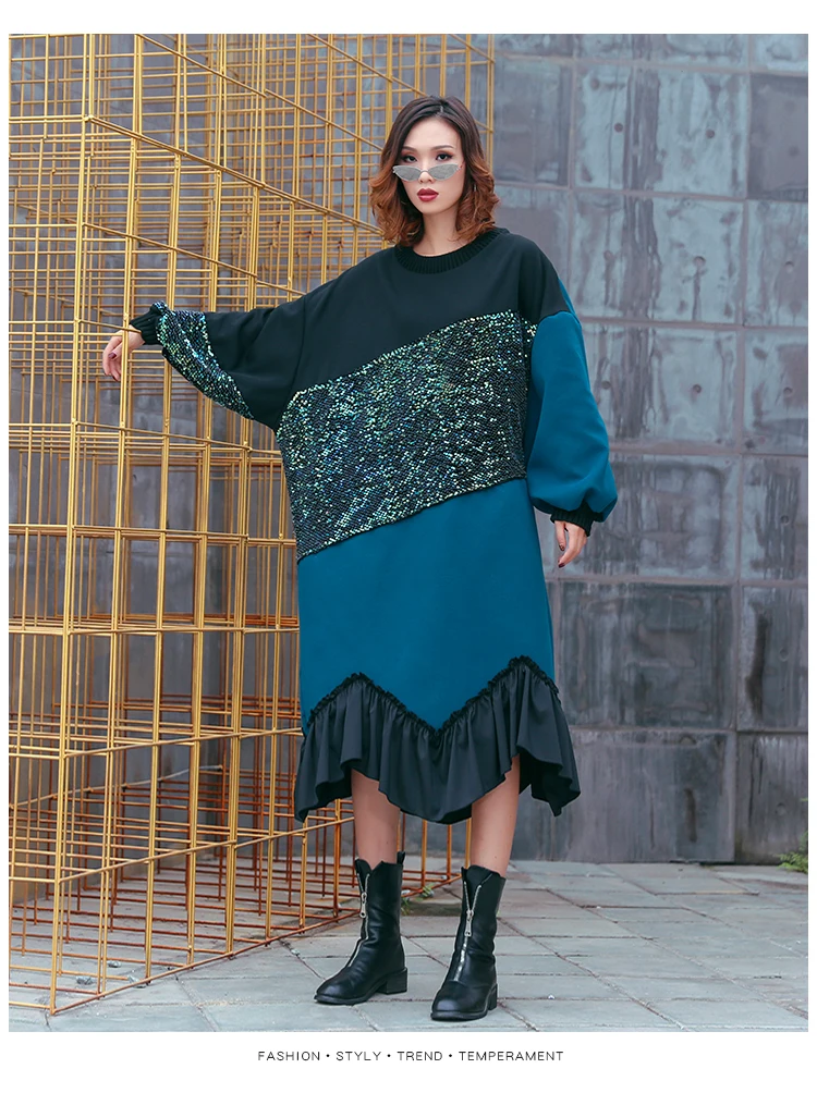 Johnature New Fashion Loose Patchwork Ruffles Dresses Winter High Street Thicken Warm Sequin Batwing Women Dress