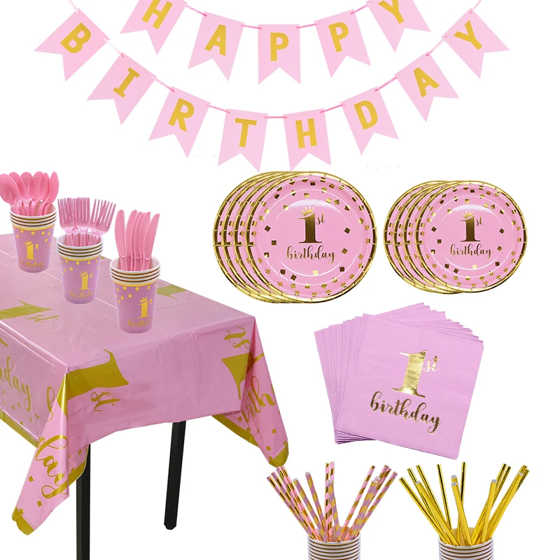 Для маленьких девочек розовая бумажная салфетка под тарелку кружку одноразовая посуда набор 1-й День Рождения Вечеринка Детский душ с днем рождения принадлежности для детей
