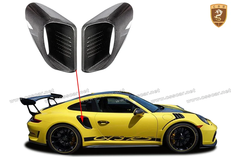 2011 – oben für Porsche 911 991.2 GT3RS seitliche Lüftungsschlitze aus trockenem Carbon. OEM-Pastenteile für Porsche. Heckstoßstangen-Kotflügel-Luftauslass dekorieren – Detail 1