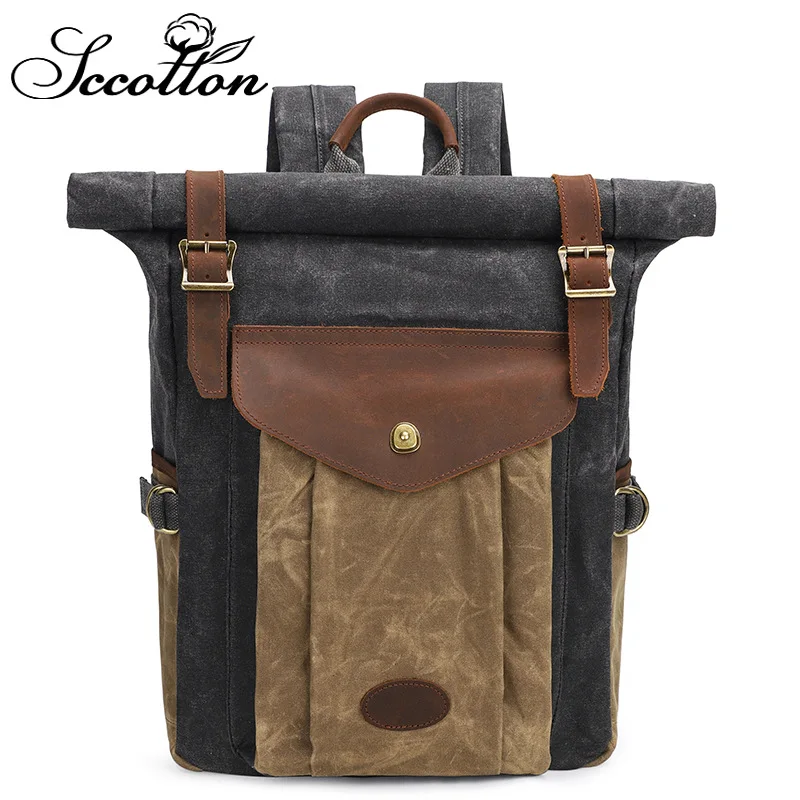 

Cross Border Canvas Backpack Retro Outdoor Backpack Horse Leather Travel Backpack Oil Wax Waterproof Computer School Bag Men's