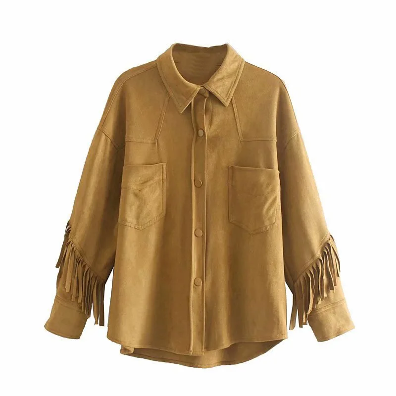 

Western Style WOMEN'S Dress 2019 Spring And Autumn New Style Fold-down Collar Suede Textured Tassels Coat Women's