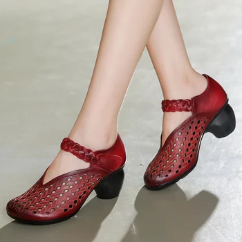 

ALISHINREY Summer Handmade Retro Women Pumps Summer Women Genuine Leather Shoes High Heels Hollow Lady Pumps