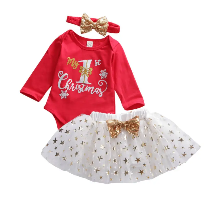 Осенне-зимние детские Штаны для девочек с рождественским изображением топы красный комбинезон+ юбка из тюля, Звездные юбки комплект одежды, Рождественская одежда