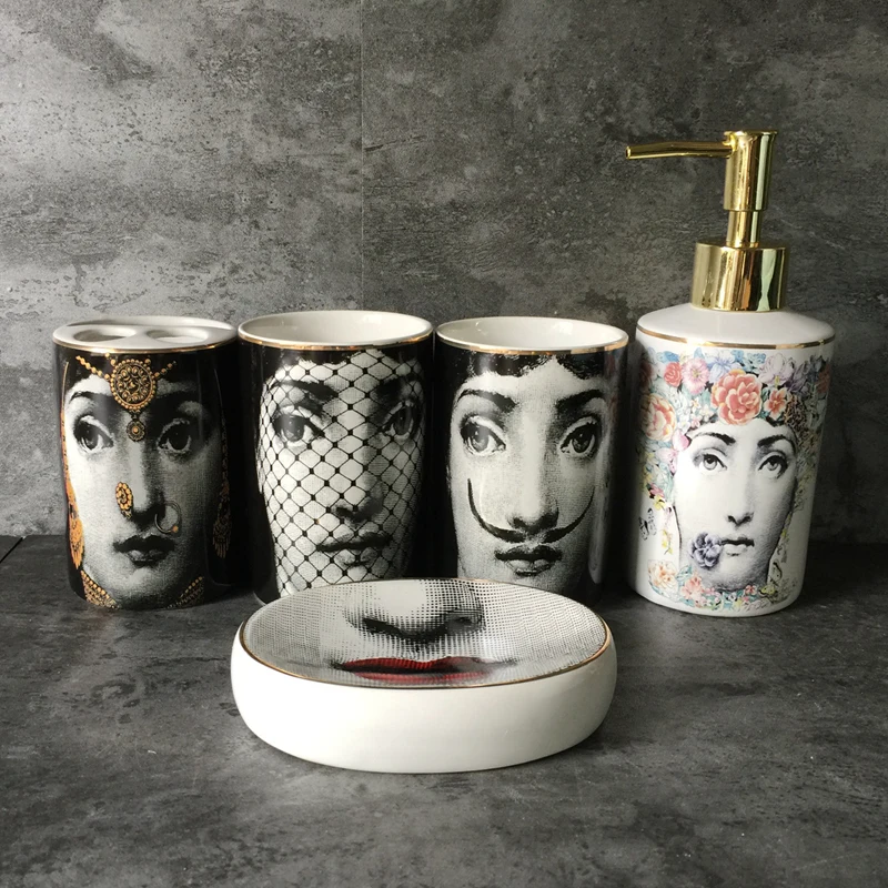 

5pcs/Set Fornasetti Bathroom Sets Toothbrush Tumblers Soap Dish Bath Bottle Shampoo Bottle Soap Dispenser Toilet Storage