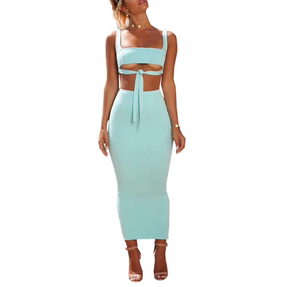 2 Piece Set Women'sfashion Summer Spaghtti Strap Crop Top And Maxi Skirts Sexy Sling Wrapped Chest Umbilical Bag Hip Skirts