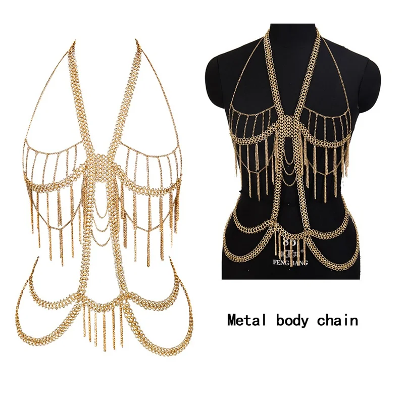 

Tassel Metal Shoulder Chain Dance Tops Gold Body Chain Bikini Waist Chain Metal Multi-layer Fringe Chain Beach Party Rave Wear