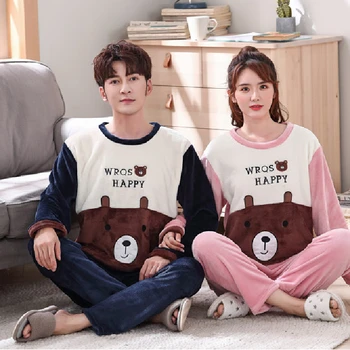 

JULY'S SONG Winter Couple Pajama Sets Winter Flannel Sleepwear Pajamas Men And Women Thick Warm Comfort Long Sleeves Homewear