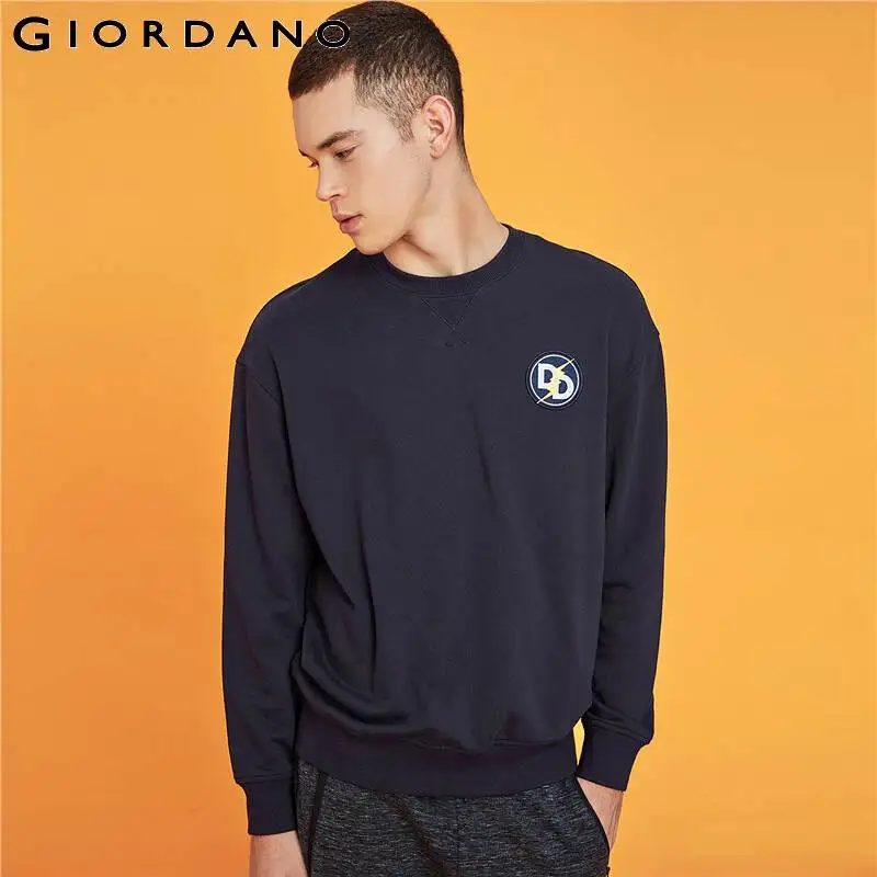  Giordano Men Sweatshirt Ribbed Crewneck Embroidery Pullover Long Sleeve Banded Cuffs and Hem Moleto