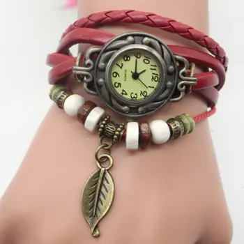 

Women's Casual Vintage Multilayer Leaf Faux Leather Bracelet Wrist Watch Ladies Retro Female Clock