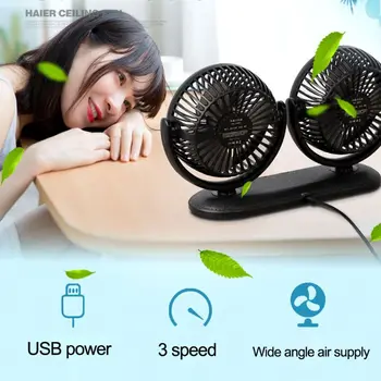 

USB 5V 2A Fan 360 Rotatable Dual Head Car Fan Adjustable 3 Speeds Dashboard Desk Auto Fan for Vehicle Truck Van SUV RV Boat Ho