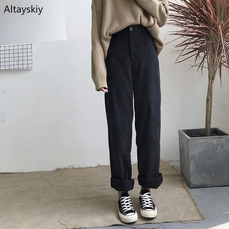 Pants Women Loose Solid Corduroy 2020 Trousers Korean Style Leisure All-match Simple Trendy High Waist Pockets Solid Womens New Pants Women Loose Solid Corduroy 2020 Trousers Korean Style Leisure All-match Simple Trendy High Waist Pockets Solid Womens New