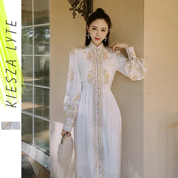 

Vintage dress 2020 spring summer new french style stand collar lantern sleeve maxi slit linen dresses robe