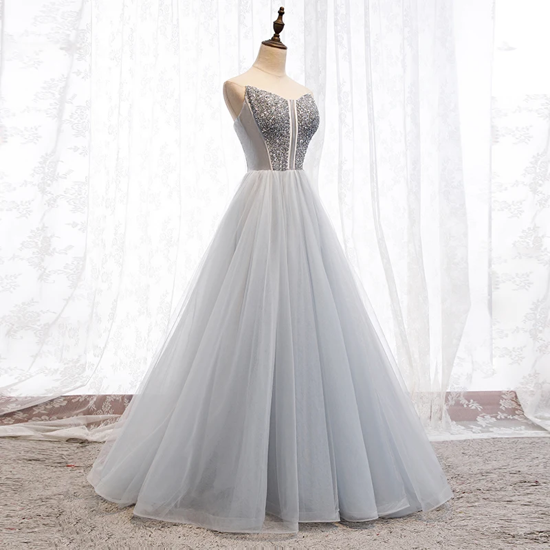 ERINBESS Robe De Soiree A-Line Серый Тюль с бусинами длинное платье для выпускного вечера es вечерние платья Элегантное праздничное длинное платье для выпускного вечера