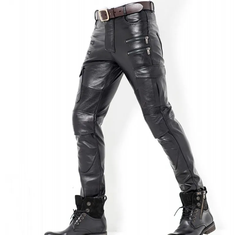 Зимние Роскошные мужские кожаные настоящие штаны кожаные мотоциклетные кожаные штаны шорты с тесьмой, Штаны мужские Штаны