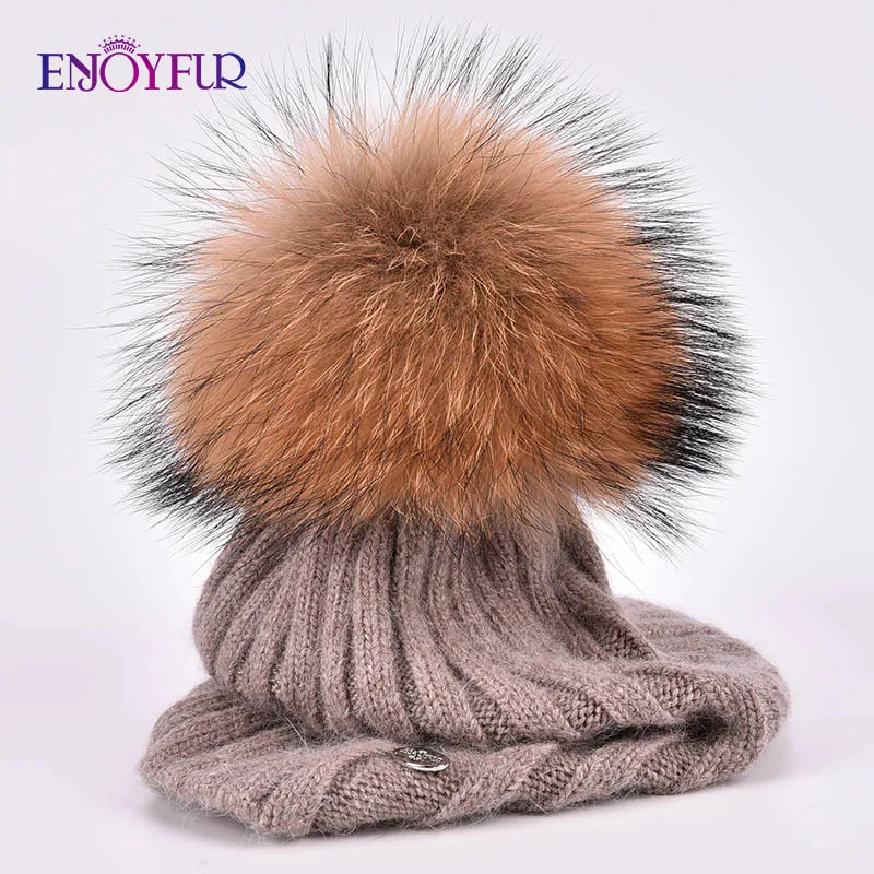 Enjoyfur мода вертикальные полосы зима Шапки для Для женщин кашемир вязаная шапка женская высокое качество Мех pom осень теплая шапочка