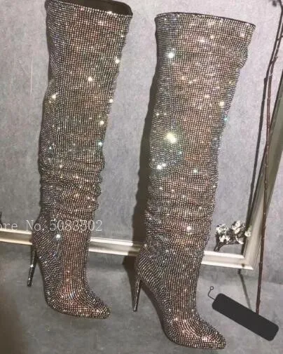 Glliter Bling Luxury Crystal Long Boots Rhinestone Spikes High Heels Slip-On Knee High Boots Party Shoes Woman Color: as