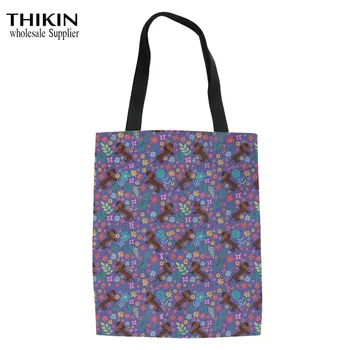 

THIKIN Flower Sausage Dog Pattern Canvas Tote Bags Women Cute Teen Girl Large Book Bags Ladies Shopping Bag Foldable Shopper Bag