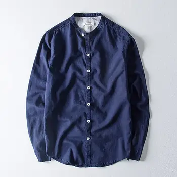 

High quality 2019 Men's long sleeve stand-collar linen shirts casual cotton solid color mens shirts fashion mens slim tops M-4XL
