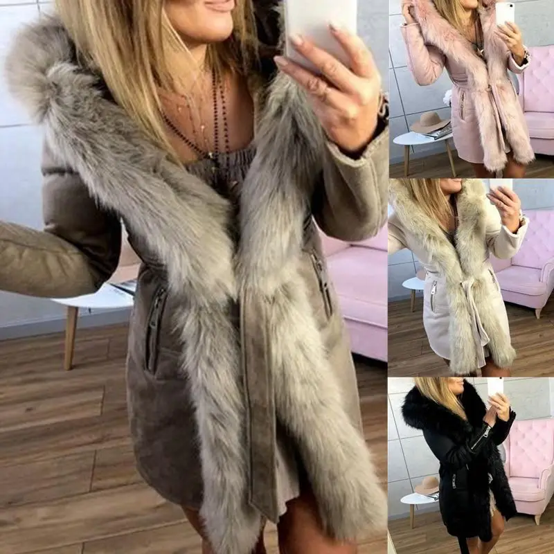 

Winter Hoody Jackets Coats For Women Mid-long Plush Collar Solid Belt parkas mujer 2019 Warm Soft Fur Outwear Autumn Jacket Plus